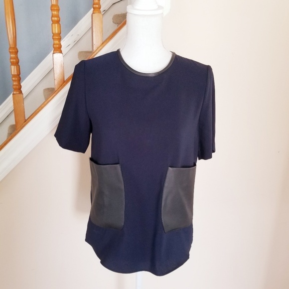 Zara Navy Blue Top with faux Leather Pockets - Picture 2 of 8